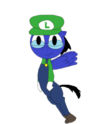 Size: 1796x2384 | Tagged: safe, artist:blazewing, derpibooru import, oc, oc only, oc:blazewing, pegasus, airborne, clothes, costume, flying, glasses, halloween, halloween costume, hat, holiday, looking at you, luigi, male, nightmare night, nightmare night costume, overalls, shoes, simple background, smiling, solo, stallion, super mario bros., white background