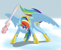 Size: 1920x1584 | Tagged: safe, alternate version, artist:nebulastar985, derpibooru import, rainbow dash, pegasus, pony, armor, crying, female, glow, hoof shoes, magic, mare, snow, solo, sword, telekinesis, weapon