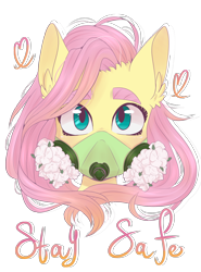 Size: 2000x2700 | Tagged: safe, artist:silbersternenlicht, derpibooru import, fluttershy, pegasus, pony, bust, coronavirus, covid-19, female, flower, gas mask, mare, mask, simple background, solo, transparent background