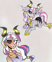 Size: 2361x2818 | Tagged: safe, artist:citi, derpibooru import, oc, oc:tiara, human, hybrid, horn, horned humanization, humanized, interspecies offspring, jewelry, offspring, parent:lord tirek, parent:twilight sparkle, parents:twirek