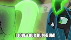 Size: 800x450 | Tagged: safe, derpibooru import, edit, edited screencap, screencap, lord tirek, queen chrysalis, centaur, changeling, changeling queen, frenemies (episode), butt, caption, chrysirek, eyes on the prize, female, glowing horn, horn, image macro, magic, magic aura, male, out of context, plot, shipping, straight, telekinesis, text, tirump, you know for kids