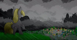 Size: 4096x2160 | Tagged: safe, artist:darbedarmoc, derpibooru import, pony, unicorn, bridge, canterlot, chest fluff, cloud, ear fluff, everfree forest, from behind, grass, looking in the distance, mane, mountain, ponyville, rain, river, school, solo, standing, tale, town, town hall, tree, weather, wet