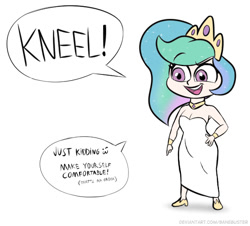 Size: 572x516 | Tagged: safe, artist:banebuster, derpibooru import, princess celestia, alicorn, pony, series:tiny tia, my little pony: pony life, breasts, cleavage, crown, equestria girls ponified, jewelry, ponified, regalia, scene interpretation, simple background, speech bubble, white background