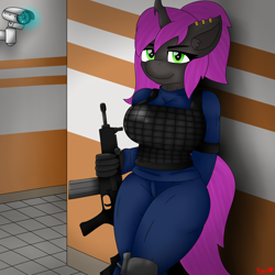 Size: 4000x4000 | Tagged: safe, artist:ryanthecone, derpibooru import, oc, oc only, oc:violet nebula, anthro, changeling, commission, gun, rifle, scp foundation, weapon