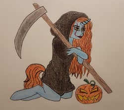 Size: 2453x2177 | Tagged: safe, artist:zosma-art, derpibooru import, oc, oc:vega, pony, unicorn, clothes, colored pencil drawing, costume, female, halloween, halloween costume, holiday, mare, pumpkin, solo, traditional art