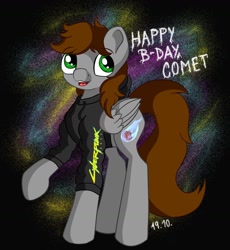 Size: 1280x1394 | Tagged: safe, artist:appleneedle, derpibooru import, oc, oc only, oc:comet fire, pegasus, pony, art, birthday, character, clothes, cyberpunk, digital, draw, drawing, fanart, hoodie, present, solo