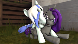 Size: 1920x1080 | Tagged: safe, artist:scratch_wub, derpibooru import, oc, oc only, oc:etheria galaxia, oc:scratch wub, alicorn, unicorn, 3d, female, glomp, imminent kissing, lying down, male, mare, nuzzling, shipping, smiling, source filmmaker, stallion