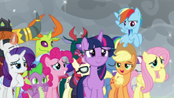 Size: 1920x1080 | Tagged: safe, derpibooru import, screencap, applejack, chancellor neighsay, fluttershy, moondancer, neon lights, pharynx, pinkie pie, prince rutherford, rainbow dash, rarity, rising star, spike, thorax, trixie, twilight sparkle, twilight sparkle (alicorn), twilight velvet, alicorn, changedling, changeling, dragon, earth pony, pegasus, pony, unicorn, yak, the ending of the end, crying, mane six, winged spike