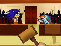 Size: 1280x960 | Tagged: safe, artist:cosmomuffins, derpibooru import, rainbow dash, pegasus, pony, bashing, clothes, courtroom, cuffs, prison outfit, prisoner rd, sonic the hedgehog, sonic the hedgehog (series), sonic vs rainbow dash