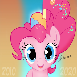 Size: 1500x1500 | Tagged: safe, artist:archooves, derpibooru exclusive, derpibooru import, pinkie pie, earth pony, pony, the last problem, 2010s, cute, happy birthday mlp:fim, mlp fim's tenth anniversary, older, older pinkie pie, rainbow power, smiling, solo, two sides