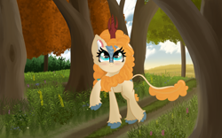 Size: 8000x5000 | Tagged: safe, artist:windy-pony, derpibooru import, pear butter, kirin, blushing, cloud, female, forest, grass, kirin-ified, mare, scenery, smiling, solo, species swap, tree