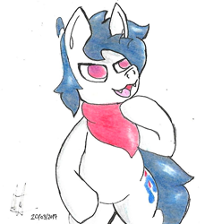 Size: 925x1009 | Tagged: safe, artist:almaustral, derpibooru import, oc, oc only, oc:lighting wind, earth pony, pony, bipedal, earth pony oc, male, neckerchief, signature, solo, stallion, traditional art