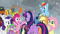 Size: 1920x1080 | Tagged: safe, derpibooru import, screencap, applejack, chancellor neighsay, fluttershy, moondancer, neon lights, pharynx, pinkie pie, prince rutherford, rainbow dash, rarity, rising star, spike, thorax, trixie, twilight sparkle, twilight sparkle (alicorn), twilight velvet, alicorn, changedling, changeling, dragon, earth pony, pegasus, pony, unicorn, yak, the ending of the end, butt, mane six, twibutt, winged spike