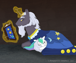 Size: 1936x1600 | Tagged: safe, artist:stargazerseven, derpibooru import, princess celestia, star swirl the bearded, alicorn, pony, book, cewestia, cloak, clothes, duo, female, filly, male, sleeping, stallion, younger