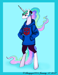 Size: 1078x1376 | Tagged: safe, artist:stargazerseven, derpibooru import, princess celestia, alicorn, anthro, unguligrade anthro, abstract background, alternate hairstyle, clothes, ethereal mane, female, hairband, hoodie, solo, starry mane, transformers