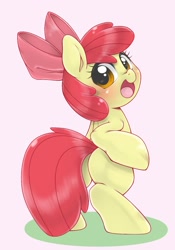 Size: 1075x1536 | Tagged: safe, artist:kurogewapony, derpibooru import, apple bloom, earth pony, pony, adorabloom, bipedal, bloom butt, blushing, bow, butt, cute, female, filly, hair bow, looking at you, looking back, looking back at you, simple background, smiling, solo