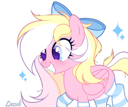 Size: 1856x1556 | Tagged: safe, artist:lazuli, derpibooru import, oc, oc only, oc:bay breeze, pegasus, pony, bow, clothes, cute, female, grin, hair bow, heart eyes, mare, ocbetes, pegasus oc, signature, simple background, smiling, socks, solo, striped socks, transparent background, wingding eyes, wings