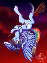 Size: 1536x2048 | Tagged: safe, artist:banoodle, derpibooru import, rainbow dash, pegasus, pony, broom, commission, flying, flying broomstick, hat, upside down, watermark, witch, witch hat, ych example, your character here