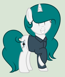 Size: 1872x2192 | Tagged: safe, artist:lominicinfinity, derpibooru import, oc, oc:winter flakes, pony, unicorn, clothes, eyes closed, female, mare, shirt, simple background, smiling, solo