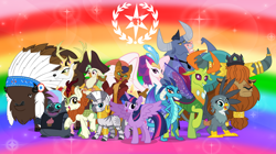 Size: 1280x719 | Tagged: safe, artist:andoanimalia, artist:cheezedoodle96, artist:dashiesparkle, artist:lightningbolt, artist:sketchmcreations, derpibooru import, autumn blaze, capper dapperpaws, captain celaeno, chief thunderhooves, gabby, grubber, iron will, king aspen, prince rutherford, princess ember, queen novo, thorax, twilight sparkle, zecora, alicorn, buffalo, changedling, changeling, dragon, griffon, minotaur, yak, zebra, my little pony: the movie, crown, dragoness, female, king thorax, looking at you, male, mare, open mouth, rainbow background, raised hoof, smiling, spread wings