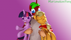 Size: 1920x1080 | Tagged: safe, artist:marianokun, derpibooru import, applejack, twilight sparkle, twilight sparkle (alicorn), oc, oc:marianokun, alicorn, anthro, earth pony, pony, unicorn, 3d, anthro with ponies, female, happy birthday mlp:fim, holding a pony, lesbian, looking at you, mlp fim's tenth anniversary, purple background, shipping, simple background, sleeping, source filmmaker, twijack