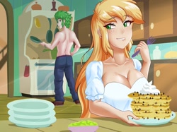 Size: 1280x955 | Tagged: safe, artist:thebrokencog, derpibooru import, applejack, spike, human, applerack, applespike, boob freckles, breasts, chest freckles, cleavage, clothes, female, food, fork, freckles, humanized, lidded eyes, lip bite, looking back, looking over shoulder, male, older, older spike, pancakes, partial nudity, plates, shipping, straight, topless, whipped cream