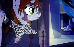 Size: 2607x1690 | Tagged: safe, artist:aaronmk, derpibooru import, oc, oc:littlepip, anthro, fallout equestria, blood, clothes, crossover, freckles, gun, handgun, keffiyeh, pistol, uncharted, weapon