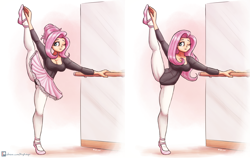 Size: 3600x2271 | Tagged: safe, artist:king-kakapo, derpibooru import, fluttershy, human, ballerina, ballet slippers, breasts, cleavage, clothes, cute, hootershy, humanized, leg in air, leotard, lifted leg, one eye closed, pantyhose, shyabetes, skirt, solo, standing splits, stretching, tutu