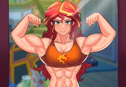 Size: 900x624 | Tagged: safe, artist:tzc, derpibooru import, sunset shimmer, human, equestria girls, abs, anime, belly button, biceps, breasts, clothes, commission, female, flexing, human coloration, looking at self, looking at you, mirror, muscles, muscular female, smiling, sports bra, sunset jiggler, sunset lifter