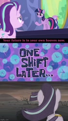 Size: 500x886 | Tagged: safe, artist:rarityvrymerzhmusic, derpibooru import, edit, edited screencap, screencap, starlight glimmer, twilight sparkle, twilight sparkle (alicorn), alicorn, pony, celestial advice, the cutie re-mark, alternate timeline, appointment tv, ashlands timeline, barren, fail, future, implied genocide, post-apocalyptic, spongebob squarepants, spongebob time card, wasteland, you had one job