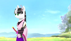 Size: 2048x1204 | Tagged: safe, derpibooru import, oc, oc only, oc:silvia cascadia, anthro, hippogriff, hybrid, pony, unguligrade anthro, unicorn, anime background, blue sky, clothes, cosplay, costume, grass, katana, kimono (clothing), pearl, ribbon, sword, tree, weapon