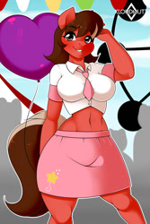 Size: 853x1280 | Tagged: safe, artist:kloudmutt, derpibooru import, oc, oc only, anthro, earth pony, balloon, belly button, breasts, carnival, clothes, digital art, female, looking at you, skirt, smiling, smiling at you, solo, tail