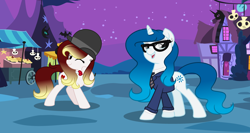 Size: 3842x2046 | Tagged: safe, artist:darbypop1, derpibooru import, oc, oc only, oc:destiny blood, oc:vivera belle, pony, unicorn, bowtie, clothes, costume, derby, female, glasses, hat, laurel and hardy, mare, nightmare night costume, shirt