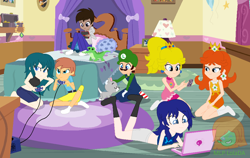 Size: 1000x631 | Tagged: safe, artist:mlp-lolada, artist:selenaede, derpibooru import, dog, human, equestria girls, banjo kazooie, banjo the bear, barefoot, barely eqg related, base used, bed, bedroom, blanket, byleth, cap, clothes, computer, controller, crossover, crown, ear piercing, earring, equestria girls style, equestria girls-ified, feet, fire emblem, fire emblem: awakening, fire emblem: three houses, gamecube, gamecube controller, gloves, hat, jewelry, jewelry box, lamp, laptop computer, lucina, luigi, luigi's hat, minecraft, necklace, nintendo, nintendo 2ds, overalls, petting, phone, picture, picture frame, piercing, pillow, playing games, princess daisy, princess peach, regalia, shirt, socks, steve, stocking feet, super mario bros., super smash bros., super smash bros. ultimate, undershirt, video game