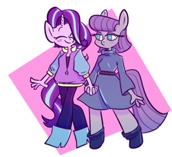 Size: 968x878 | Tagged: safe, artist:artseniccatnip, artist:artsycatnip, derpibooru import, maud pie, starlight glimmer, anthro, earth pony, unicorn, blushing, clothes, cute, female, glimmerbetes, holding hands, lesbian, looking at each other, maudabetes, shipping, smiling, starmaud