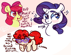 Size: 1008x792 | Tagged: safe, artist:unclecucky, derpibooru import, apple bloom, rarity, twist, earth pony, pony, unicorn, blushing, bow, crying, dialogue, female, filly, glasses, heart, mare, neigh, open mouth, sad, smiling, sparkles