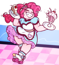 Size: 648x719 | Tagged: safe, artist:unclecucky, derpibooru import, pinkie pie, equestria girls, apron, blushing, cake, cherry, chubby, clothes, dress, drinking straw, eyes closed, female, food, grin, heart, milkshake, plate, roller skates, server pinkie pie, smiling, solo, strawberry