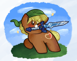 Size: 598x474 | Tagged: safe, artist:unclecucky, derpibooru import, quarter hearts, earth pony, pony, blushing, chibi, cloud, cute, dot eyes, hat, link, male, mouth hold, quarterbetes, raised hoof, solo, sparkles, stallion, sword, the legend of zelda, weapon