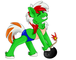 Size: 2500x2000 | Tagged: safe, artist:euspuche, derpibooru import, oc, oc only, oc:wandering sunrise, earth pony, pony, bomb, cheek fluff, chest fluff, clothes, female, mare, pose, simple background, smiling, solo, summer, swimsuit, transparent background, weapon