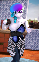 Size: 2160x3447 | Tagged: safe, artist:phenioxflame, derpibooru import, oc, oc:aurora starling, anthro, earth pony, 3d, anthroponiessfm's birthday, cake, earth pony oc, eating, food, sfm pony, source filmmaker