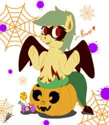 Size: 1979x2269 | Tagged: safe, artist:shappy the lamia, derpibooru import, oc, oc:shappy, demon, demon pony, earth pony, hybrid, lamia, monster girl, monster pony, original species, pony, undead, vampire, vampony, candy, chibi, clothes, costume, cute, demon tail, demon wings, fangs, food, frog (hoof), halloween, halloween costume, holiday, hooves up, jack-o-lantern, lollipop, long tail, mask, monster, nightmare night, nightmare night costume, pumpkin, pumpkin bucket, red eyes, roar, scales, short mane, slit eyes, snake eyes, snake tail, snarling, spider web, stain, underhoof, wings