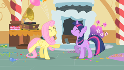 Size: 1280x720 | Tagged: safe, derpibooru import, screencap, fluttershy, twilight sparkle, unicorn twilight, pegasus, pony, unicorn, party of one, dancing, duo, duo female, eyes closed, female, mare