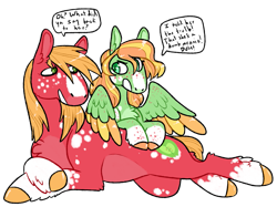 Size: 935x700 | Tagged: safe, artist:fastserve, derpibooru import, big macintosh, oc, oc:melody tune, earth pony, pegasus, pony, dialogue, duo, father and child, father and daughter, female, magical gay spawn, male, offspring, parent and child, parent:big macintosh, parent:zephyr breeze, parents:zephyrmac, simple background, transparent background