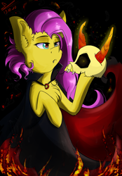 Size: 994x1427 | Tagged: safe, artist:yuris, derpibooru import, fluttershy, pegasus, pony, cape, clothes, fire, halloween, holiday, skull, solo