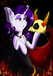 Size: 994x1427 | Tagged: safe, artist:yuris, derpibooru import, rarity, pony, unicorn, cape, clothes, fire, halloween, holiday, skull, solo