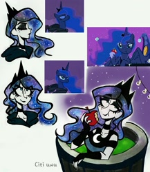 Size: 1747x2015 | Tagged: safe, artist:citi, derpibooru import, screencap, princess luna, alicorn, human, luna eclipsed, apple, eyeshadow, food, goth, humanized, makeup, scene interpretation, screencap reference, starry hair