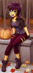 Size: 918x2000 | Tagged: safe, artist:johnjoseco, derpibooru import, sunset shimmer, undead, vampire, better together, choose your own ending, costume conundrum, equestria girls, breasts, clothes, converse, costume, fangs, halloween, halloween costume, holiday, jack-o-lantern, leaves, looking at you, open mouth, pumpkin, shoes, solo, tongue out, tree, vampire shimmer, wig