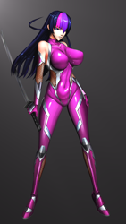 Size: 2160x3840 | Tagged: safe, artist:vladichslg, derpibooru import, twilight sparkle, human, 3d, big breasts, breasts, clothes, cosplay, costume, female, katana, latex, simple background, source filmmaker, suit, sword, taimanin asagi, test, weapon