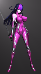 Size: 2160x3840 | Tagged: safe, artist:vladichslg, derpibooru import, twilight sparkle, anthro, 3d, big breasts, breasts, clothes, cosplay, costume, female, katana, latex, simple background, source filmmaker, suit, sword, taimanin asagi, test, weapon