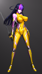 Size: 2160x3840 | Tagged: safe, alternate version, artist:vladichslg, derpibooru import, twilight sparkle, human, 3d, big breasts, breasts, clothes, cosplay, costume, female, gold, katana, latex, simple background, source filmmaker, suit, sword, taimanin asagi, test, weapon